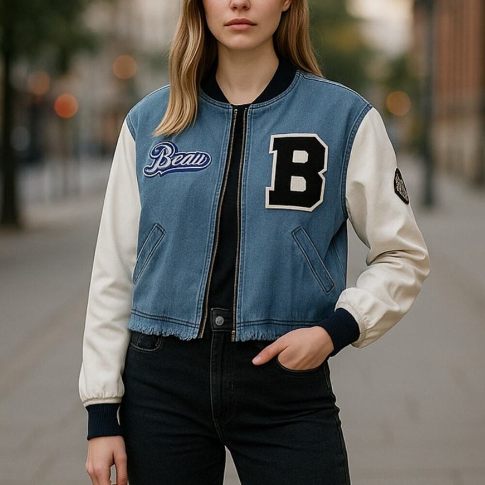 NWT Mable by Anthropologie Long Sleeve Full Zip Denim Varsity Jaket Blue Women S